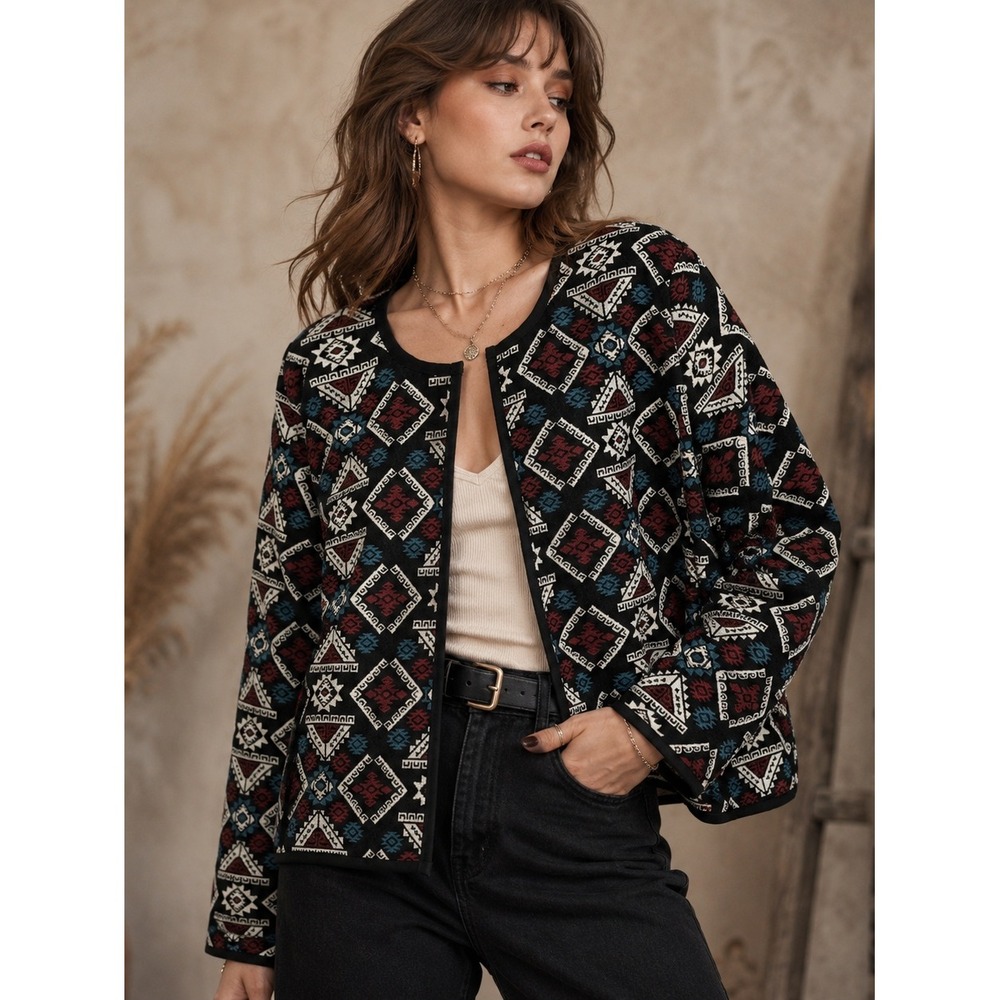 Roaman's Tapestry Cropped Jacket Women 14W Black Maroon Southwestern Boho 90s